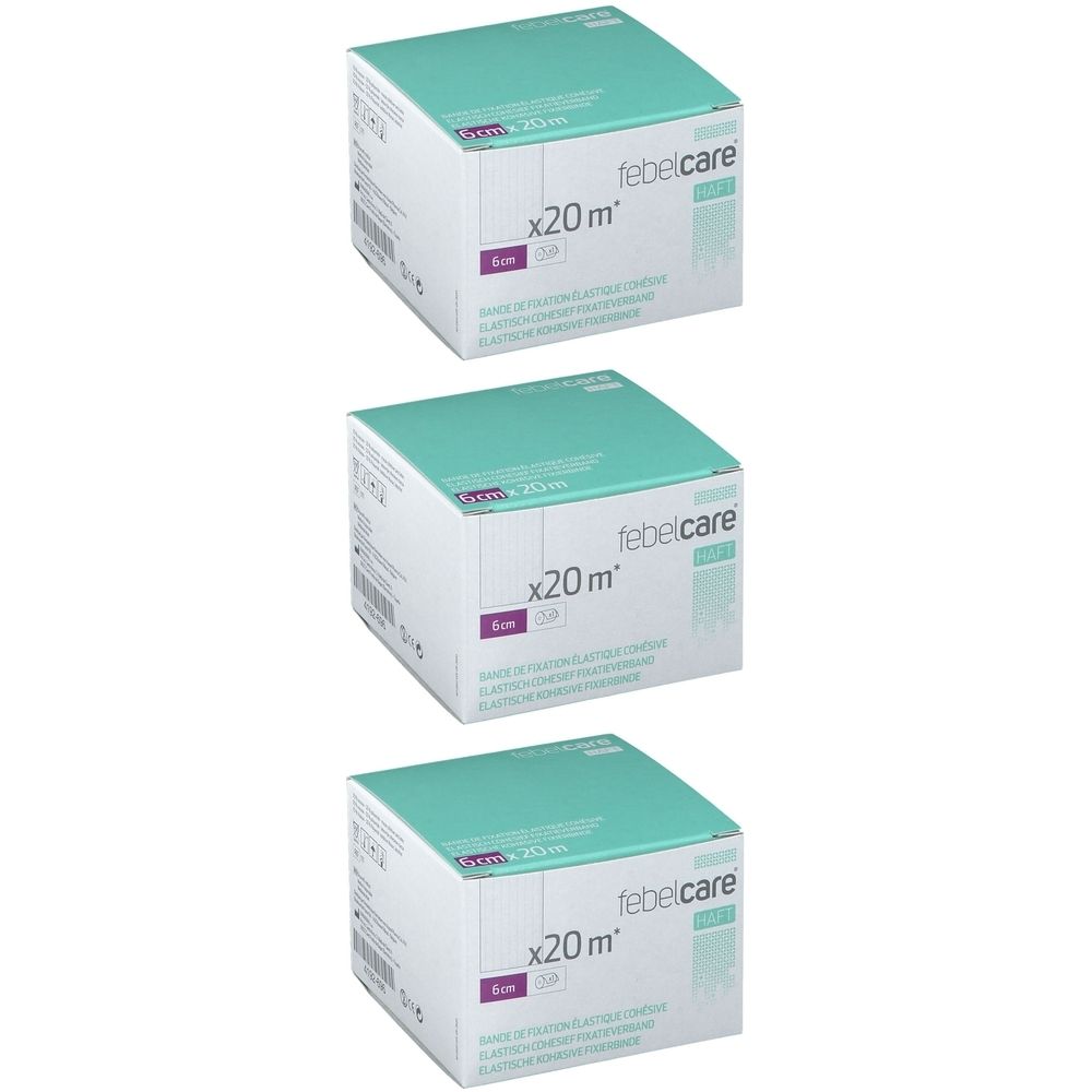 Trois boîtes de bandage adhésif. Inscription: Febelcare, 6cm x 20m. Couleurs: blanc, turquoise et violet.