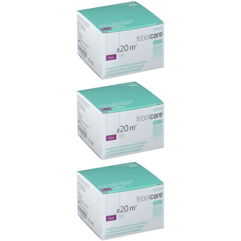 Drie dozen febelcare® HAFT, elastisch fixatieverband. Turquoise en witte verpakking, tekst: 6 cm x 20 m.
