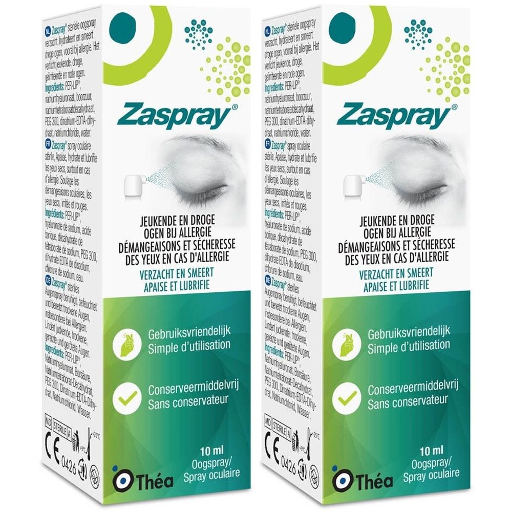 Twee dozen Zaspray oogspray. Voor droge en allergische ogen. Groen-witte verpakking met productinformatie.