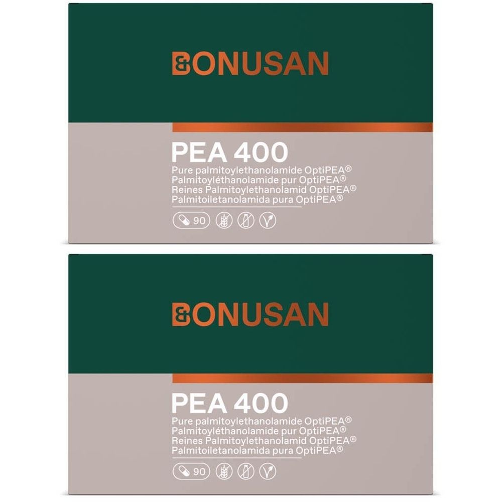 Twee verpakkingen Bonusan PEA 400. Opschrift: PEA 400, OptiPEA, 90 capsules. Groen-beige verpakking met merklogo.