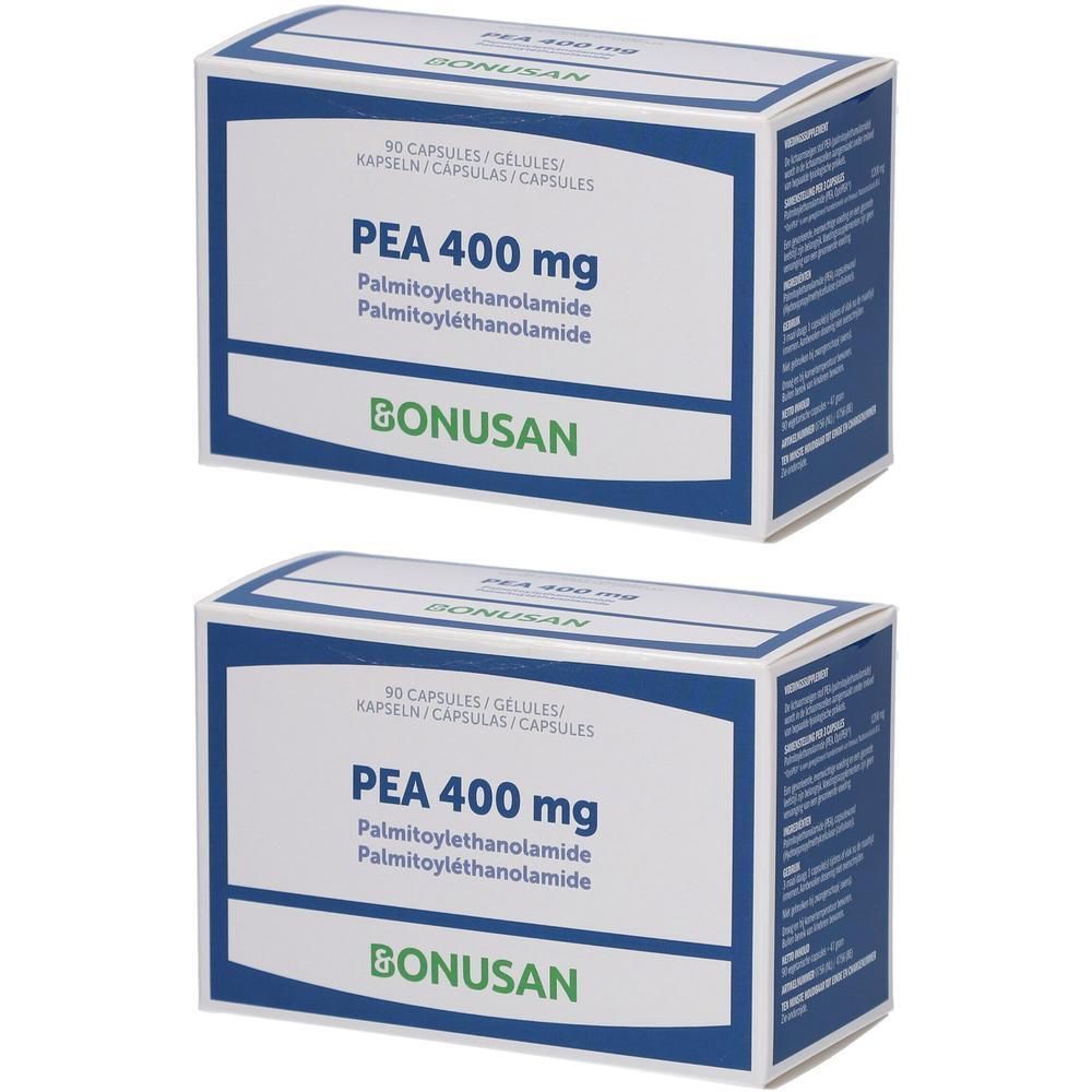 Twee dozen Bonusan PEA 400 mg. Blauwe verpakking met witte tekst. Bevat 90 capsules. Merk Bonusan.