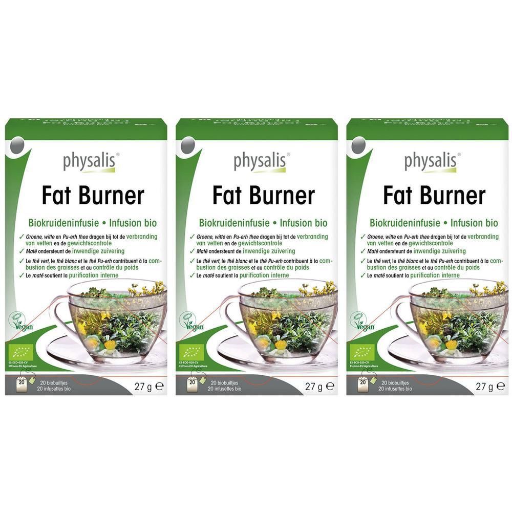 Trois boîtes de Keypharm Fat Burner Bio. Emballage vert et blanc avec nom du produit et image d'une tasse de tisane.