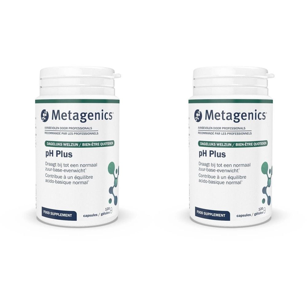 Deux flacons blancs de Metagenics pH Plus. Inscription : pH Plus, complément alimentaire. 120 gélules.
