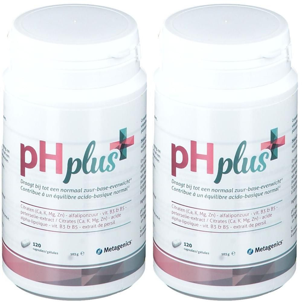 Twee witte flessen met de tekst "pH plus" en een rood plus-teken. Meertalige tekst. 120 capsules. Merk Metagenics.