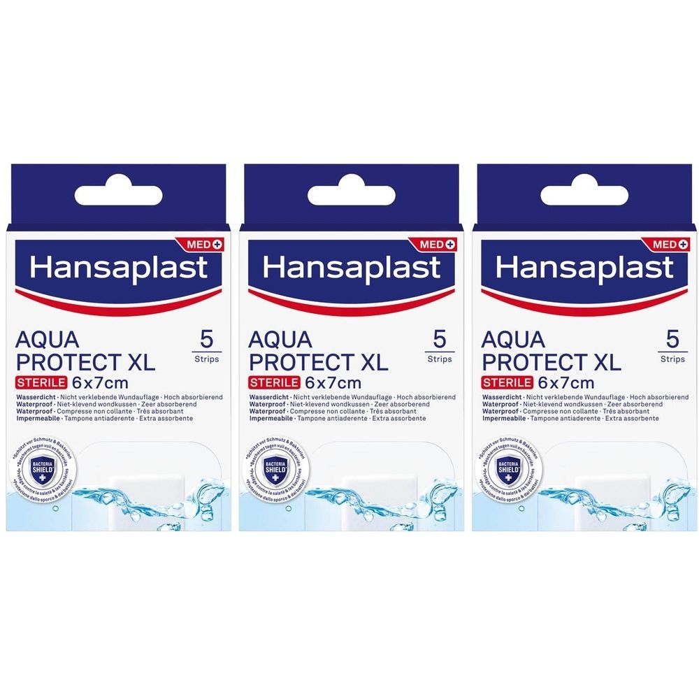 Drie verpakkingen Hansaplast AQUA PROTECT XL, steriel, 6x7cm. Elke verpakking bevat 5 pleisters. Blauw-witte verpakking met productnaam.