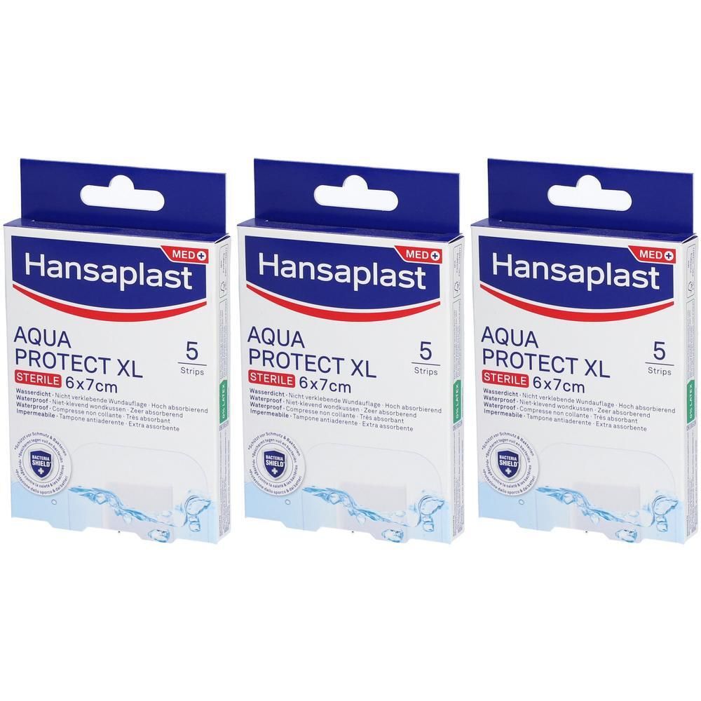 Drie verpakkingen Hansaplast MED AQUA PROTECT XL, 6x7 cm, met 5 steriele strips. Blauw-witte verpakking met productinfo.
