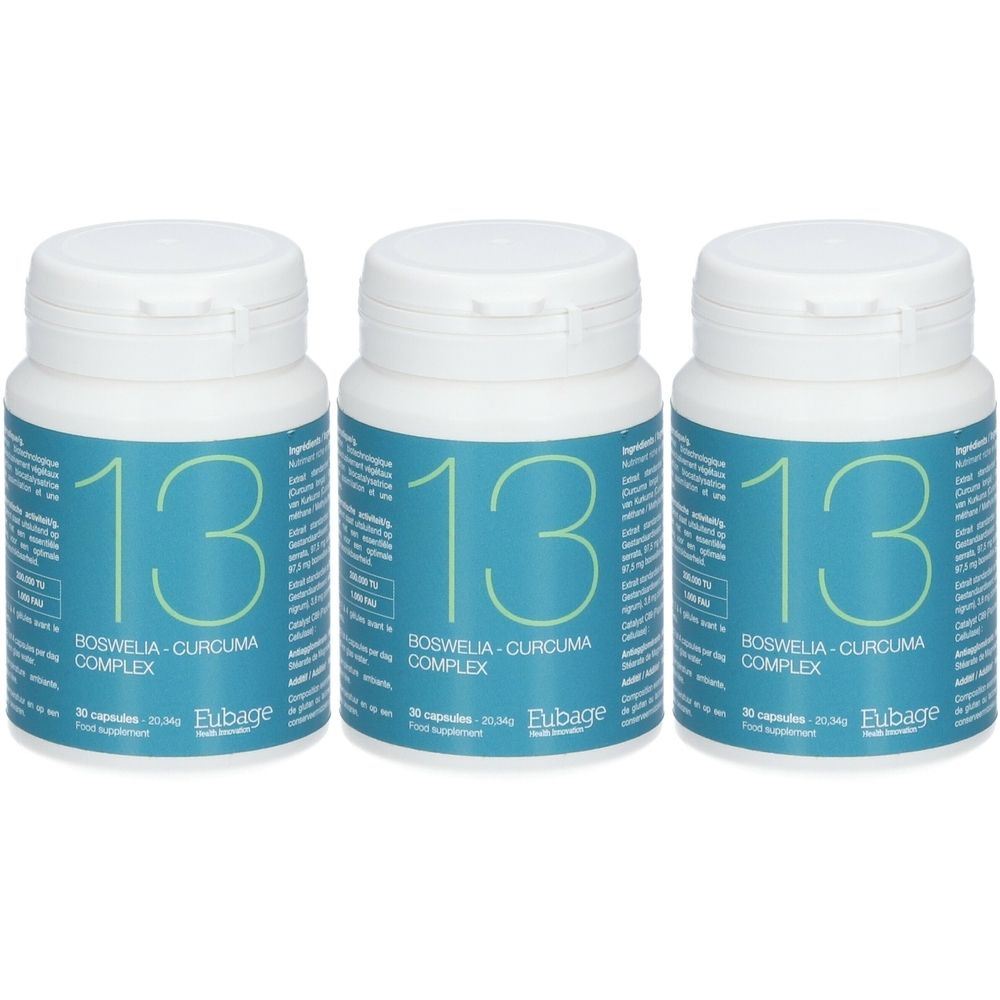 Trois flacons blancs avec étiquette bleue. L'étiquette indique "13" et "BOSWELIA - CURCUMA COMPLEX". La marque "Eubage" est également visible.