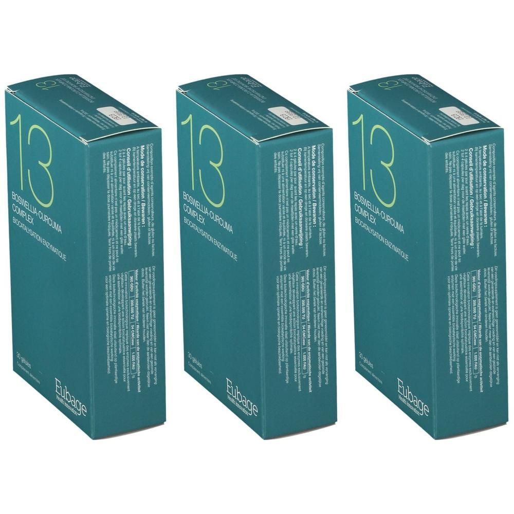 Drie groene dozen met de tekst "13" en "Boswellia-Curcuma Complex". Onderaan staat "Eubage".