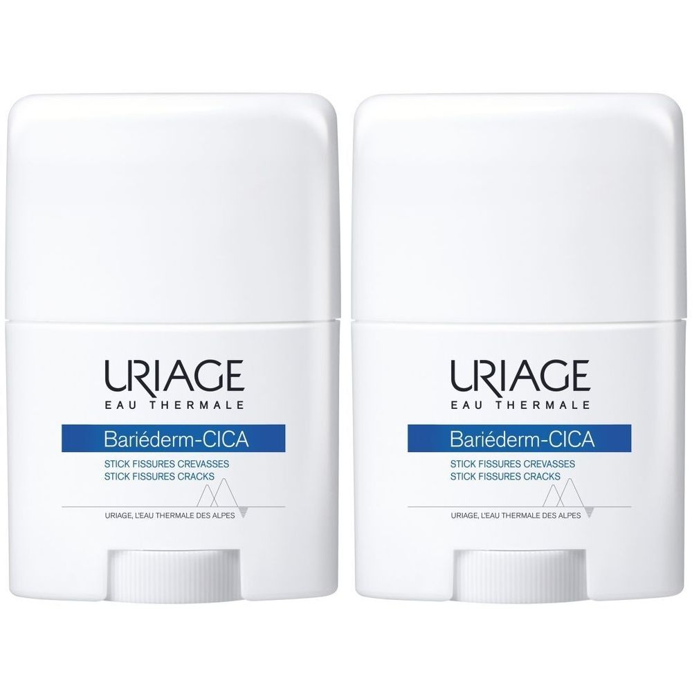 Deux sticks blancs avec bande bleue. Inscription: Uriage, Bariéderm-CICA. Pour fissures cutanées. Eau thermale.