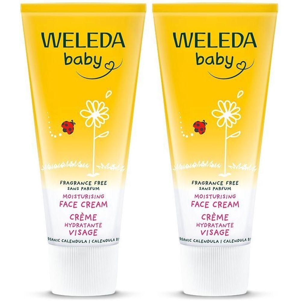 Twee gele tubes met de tekst "WELEDA baby". Op elke tube: bloem, lieveheersbeestje, tekst "FRAGRANCE FREE", "MOISTURISING FACE CREAM", "CRÈME HYDRATANTE VISAGE".