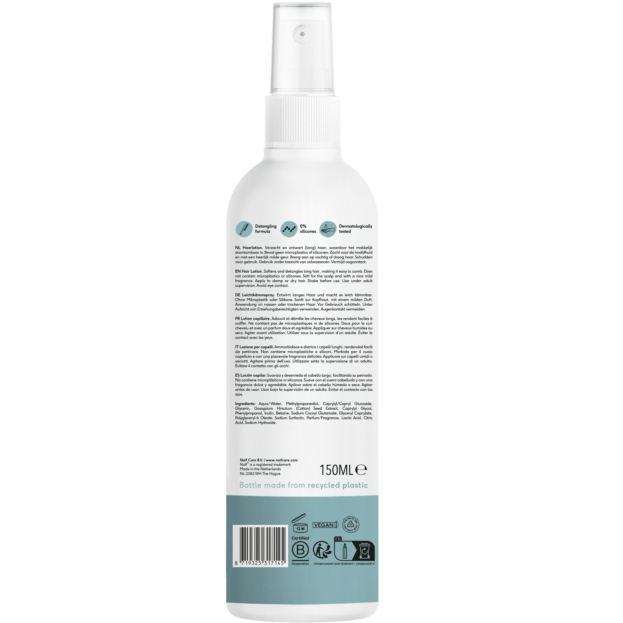 Arrière d'un flacon de Lotion capillaire Naïf avec ingrédients et volume.