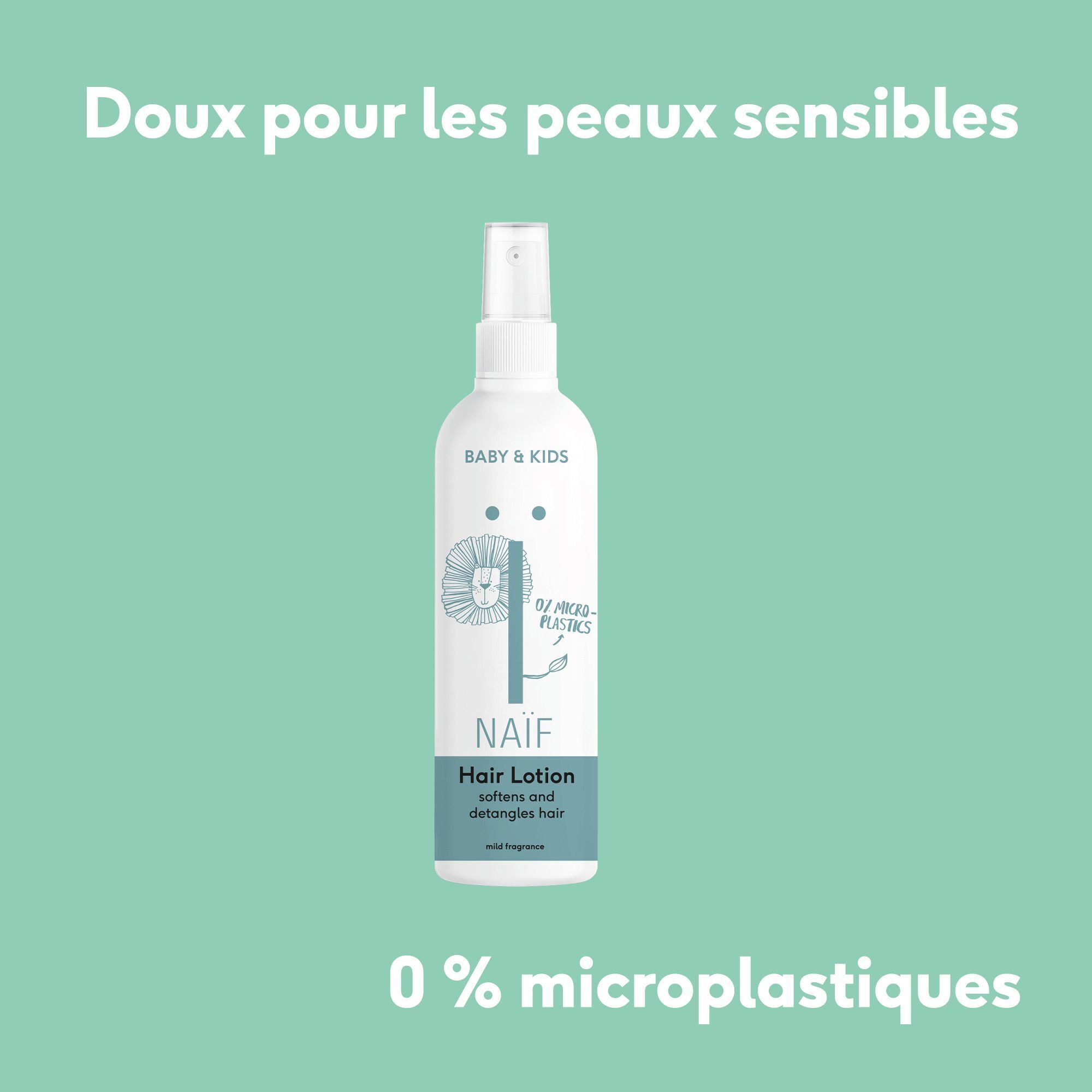 Un flacon de Lotion capillaire Naïf sur fond vert menthe, 0% microplastiques.