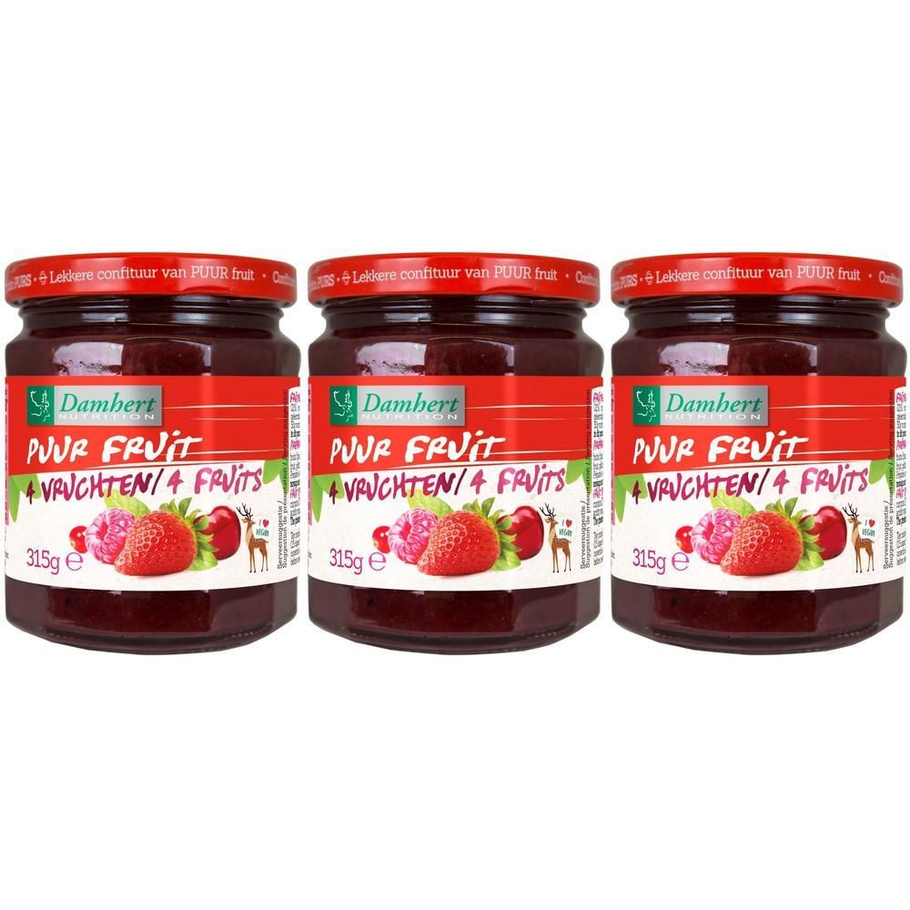 Trois pots de confiture avec couvercles rouges. Inscription: PUUR FRUIT + Vruchten/4 Fruits. 315g. Fraises et cerises illustrées.