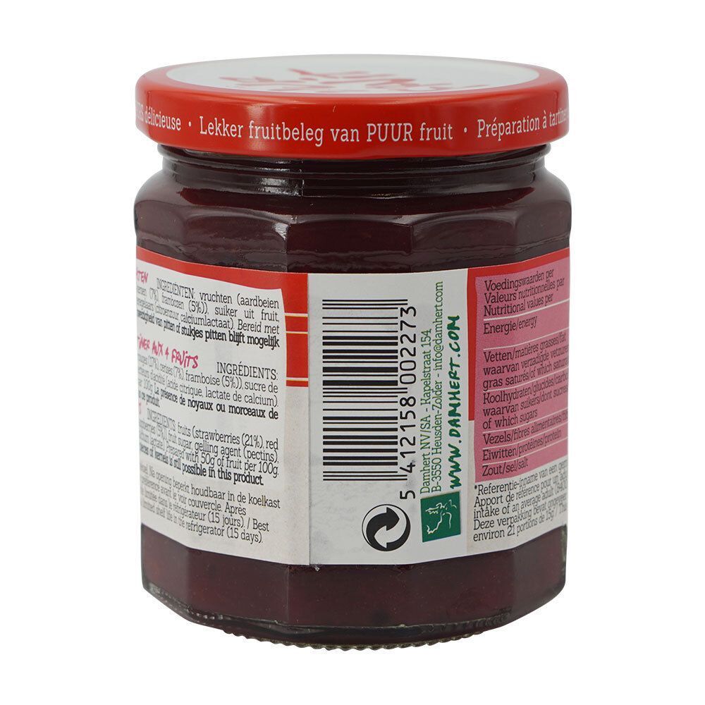 Pot de confiture avec couvercle rouge. Dos avec liste d'ingrédients et code-barres. Inscription: PUUR FRUIT + Vruchten/4 Fruits. 315g.