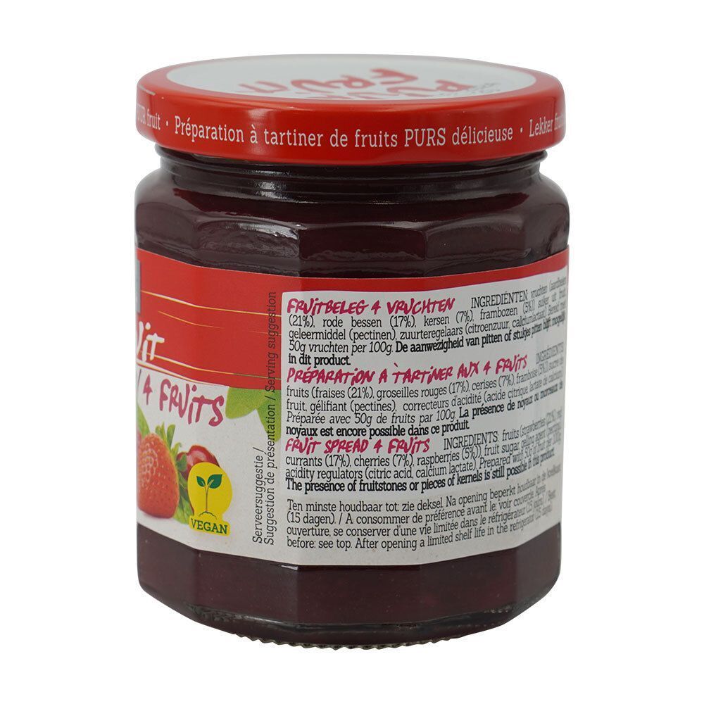 Pot de confiture avec couvercle rouge. Inscription: PUUR FRUIT + Vruchten/4 Fruits. Liste des ingrédients et logo Vegan. 315g.