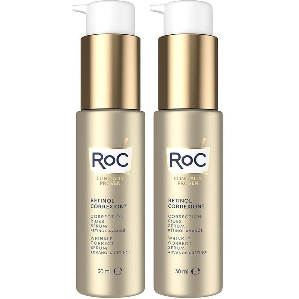Twee flessen RoC Retinol Correxion serum. Goudkleurige flessen met witte pomp. Opschrift: Retinol Correxion, 30 ml.