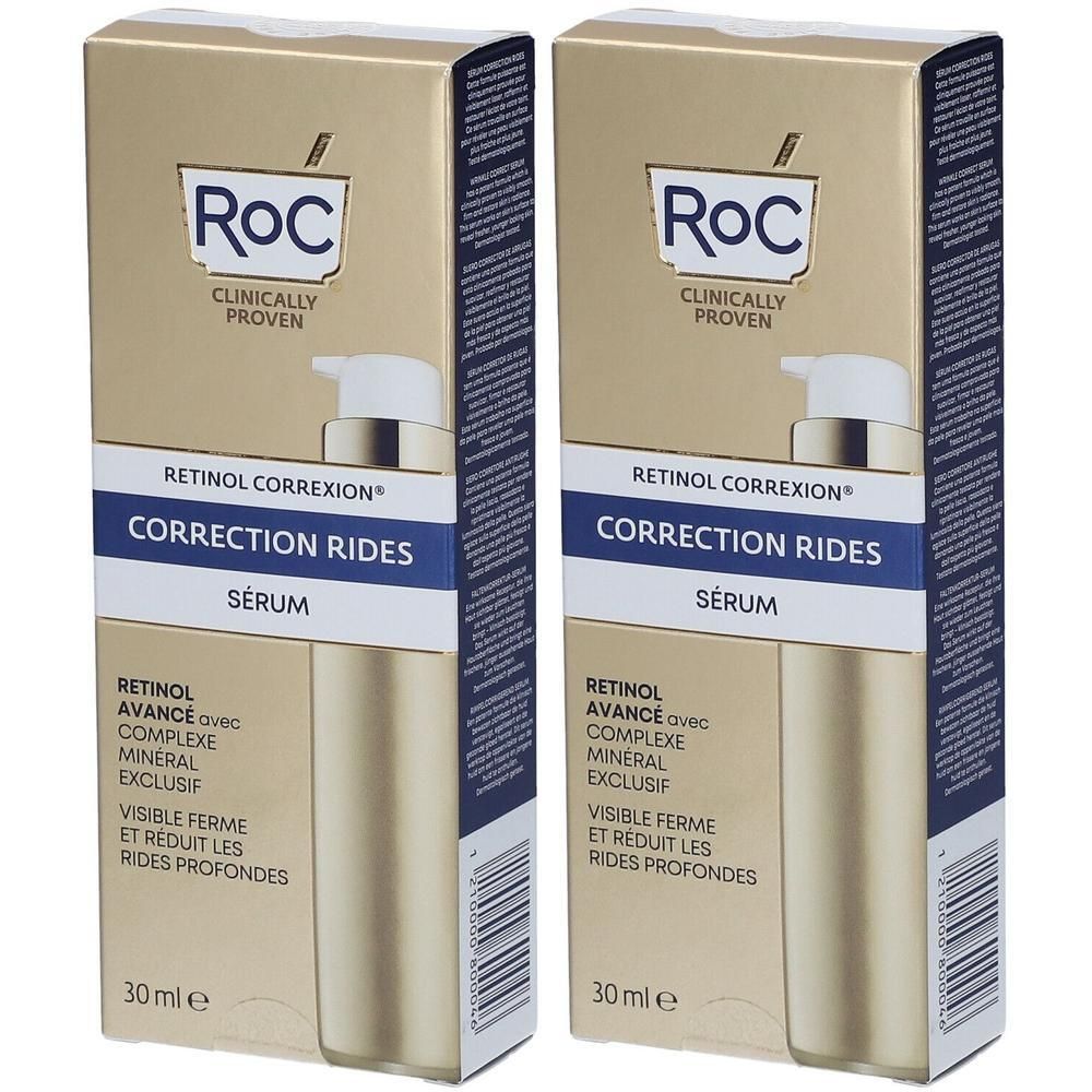 Deux boîtes de sérum RoC® Retinol Correxion®. Boîtes dorées avec nom et logo du produit. Accents bleus et blancs.