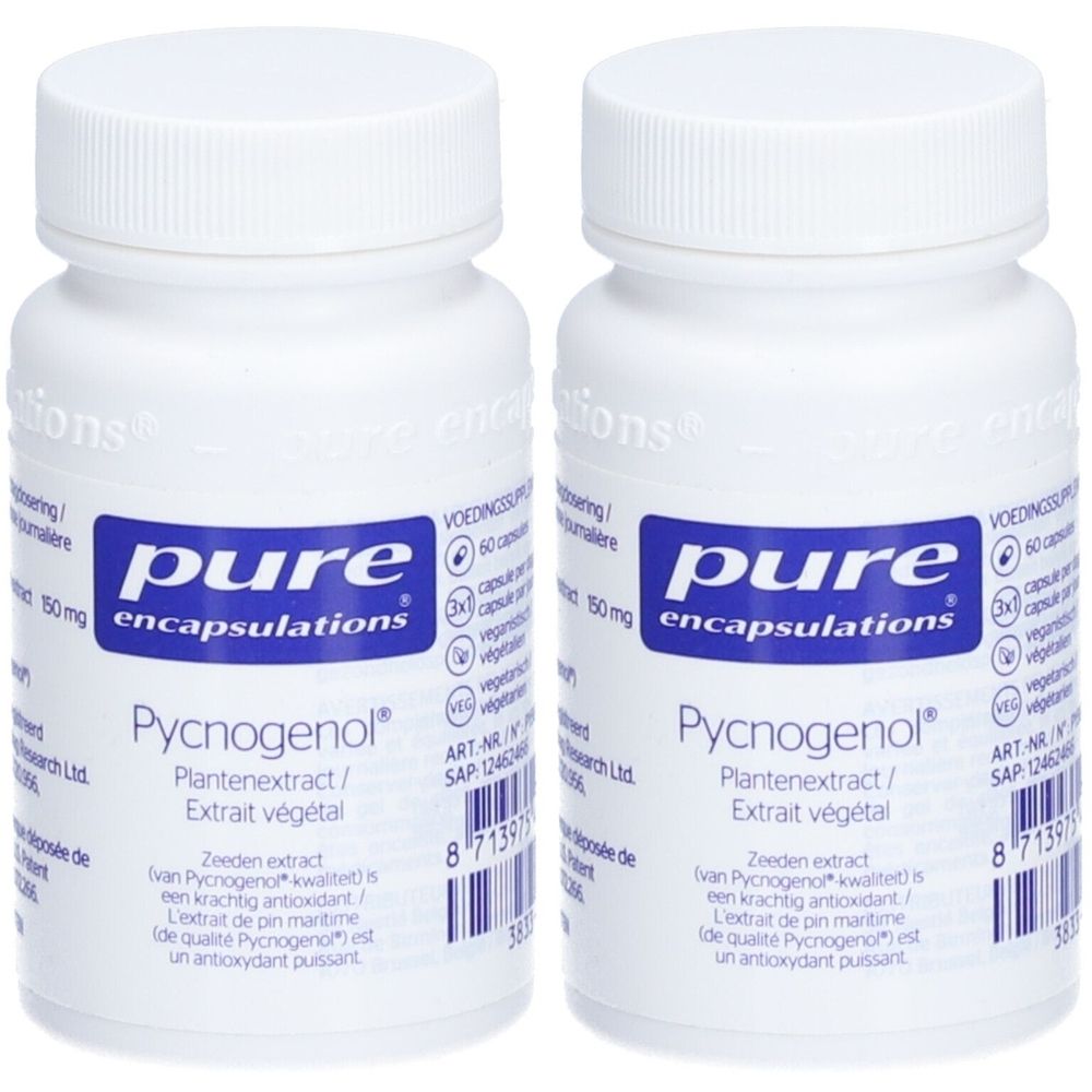 Twee witte flessen met blauw etiket. Op het etiket staat "pure encapsulations Pycnogenol".