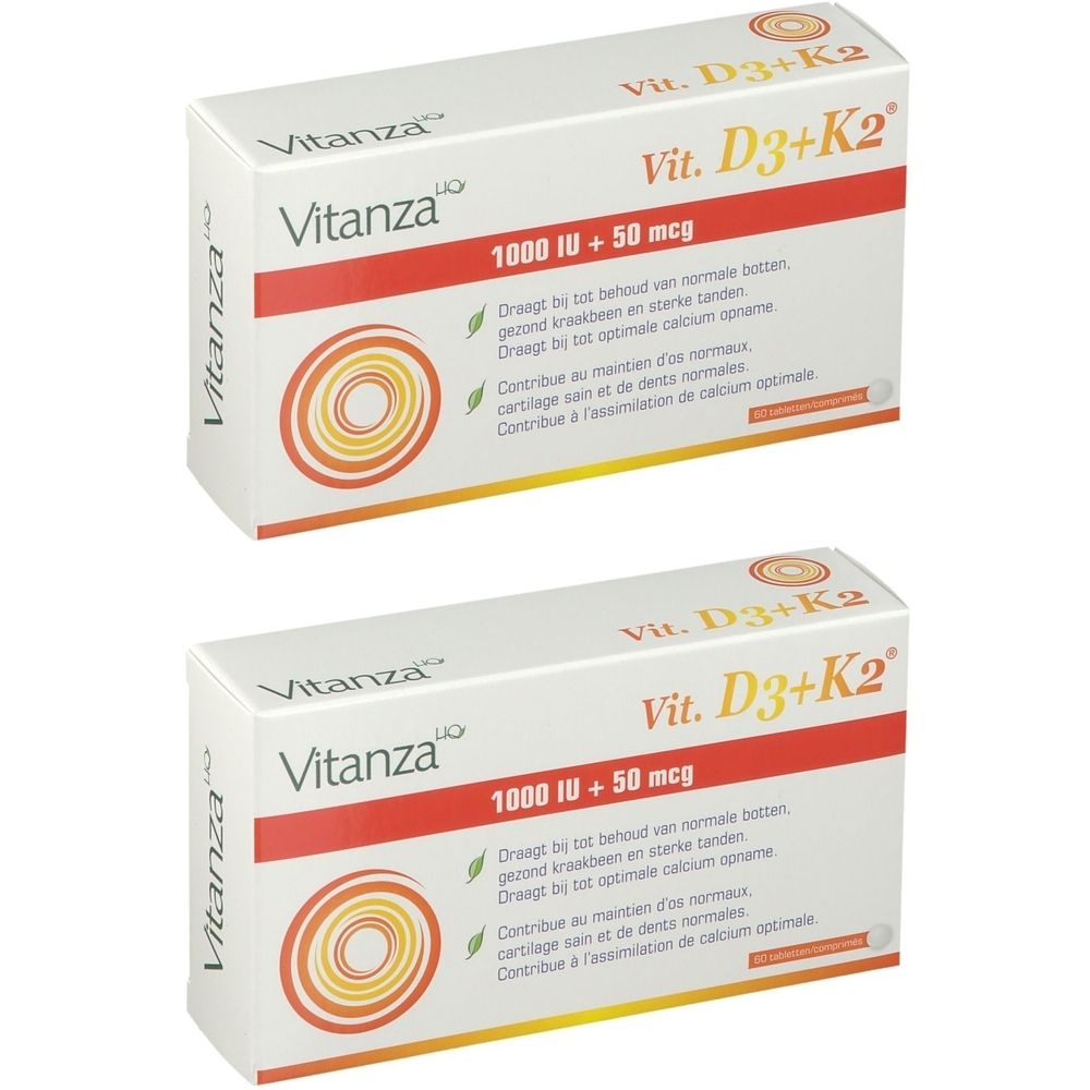 Twee witte dozen met Vitanza HQ, Vit. D3+K2 en 1000 IU + 50 mcg. Opschriften in meerdere talen.