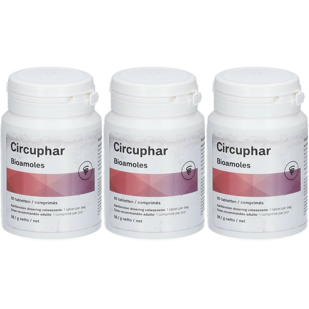 Drie witte pillenpotten met deksels. Op elke pot staat "Circuphar Bioamoles". Verdere informatie is afgedrukt.