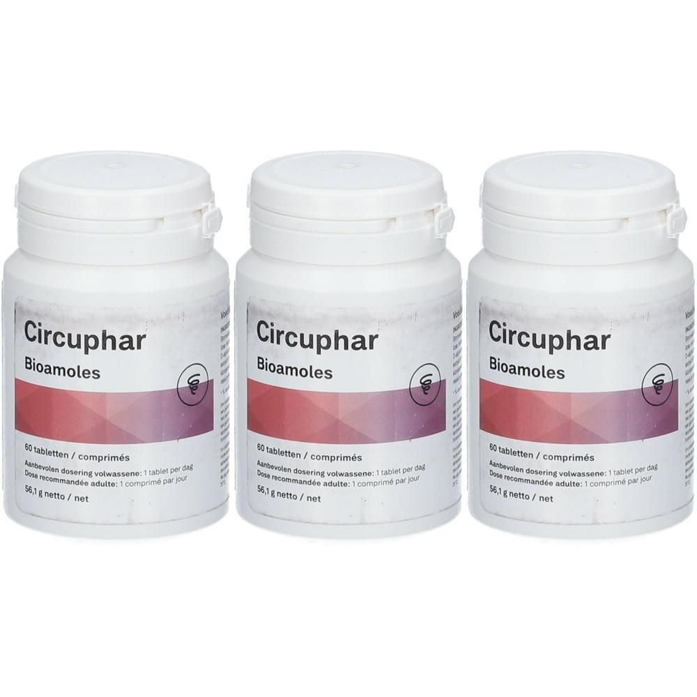 Drie witte tablettenpotten met rood en paars etiket. Opschrift: Circuphar, Bioamoles.