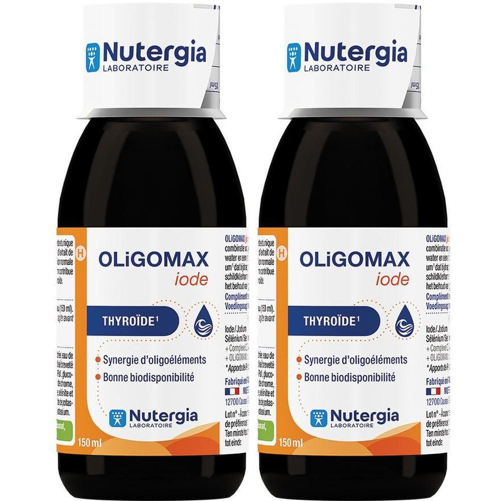 Twee flessen met etiketten. Opschrift: Oligomax Iode, Thyroïde. Merk: Nutergia.