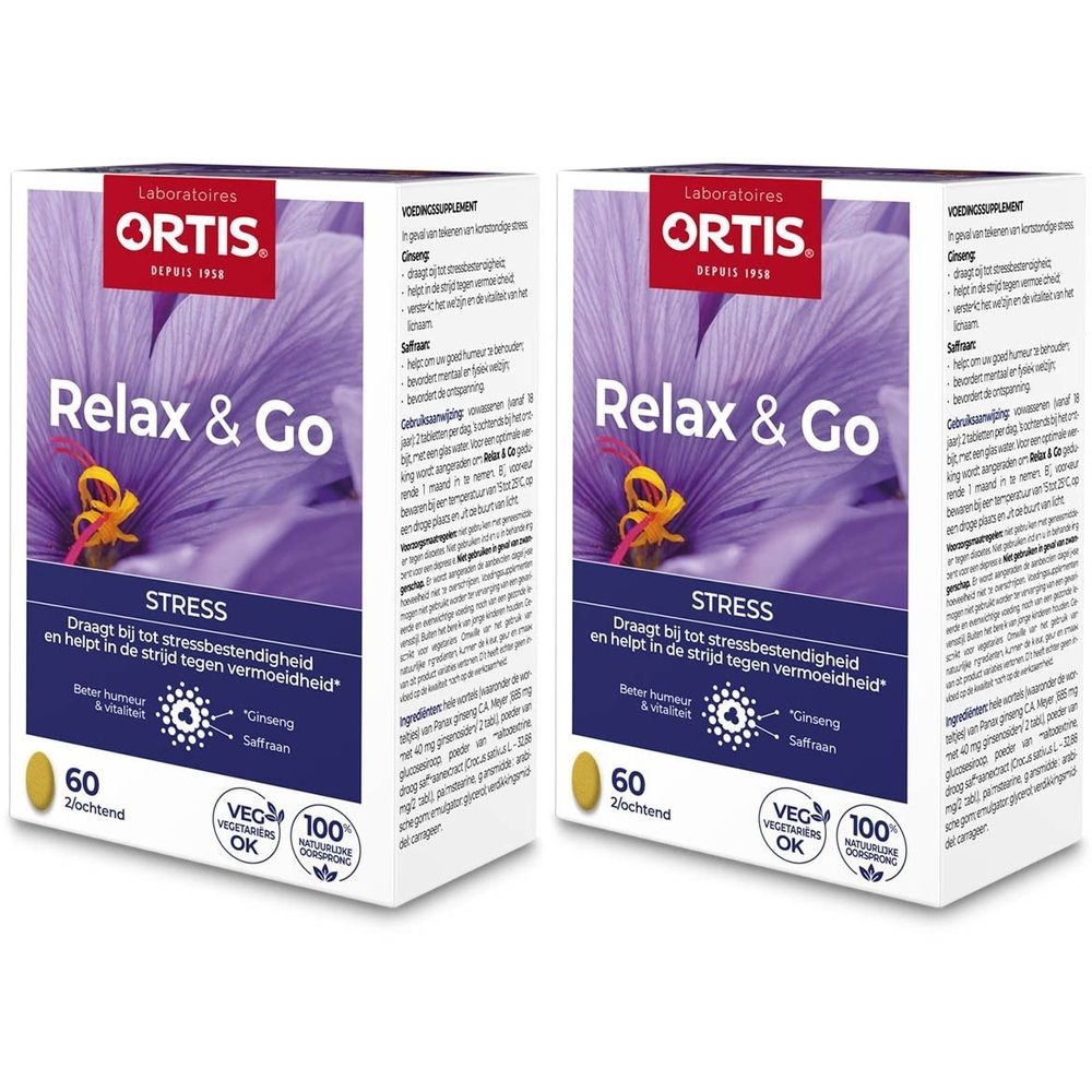 Twee dozen Ortis Relax & Go. Opschrift: Stress. Met 60 tabletten. Labels: Veg OK en 100% Vitamine C.