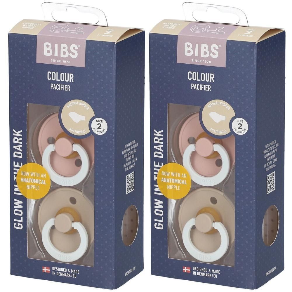 Twee verpakkingen fopspenen. BIBS-logo. Anatomische speen. Maat 2, 6-18 maanden. Gloeit in het donker.