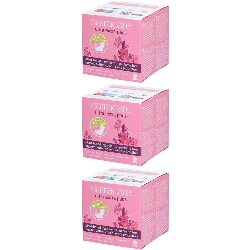 Drie roze dozen Natracare Ultra Extra pads. Elke doos toont "12" en productinformatie.