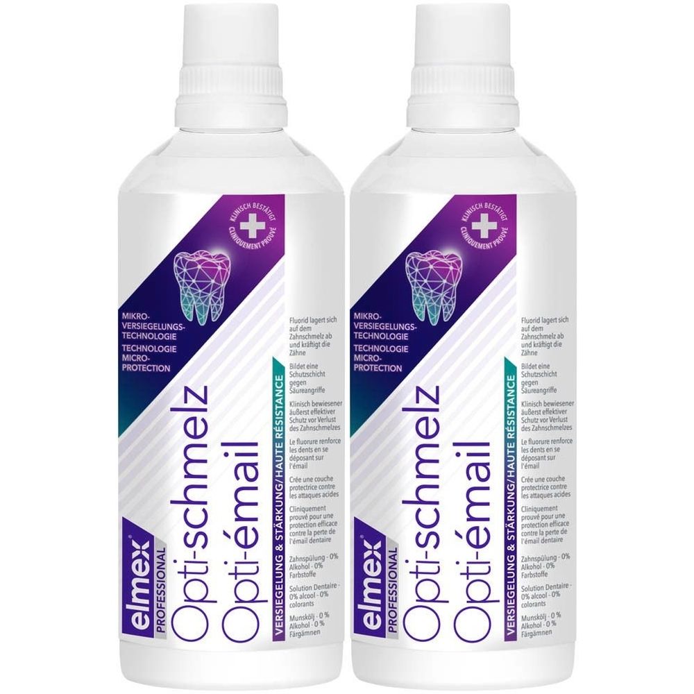 Deux flacons elmex Opti-schmelz Opti-émail. Blancs, avec accents violets et verts. Texte: Technologie Micro-scellement.