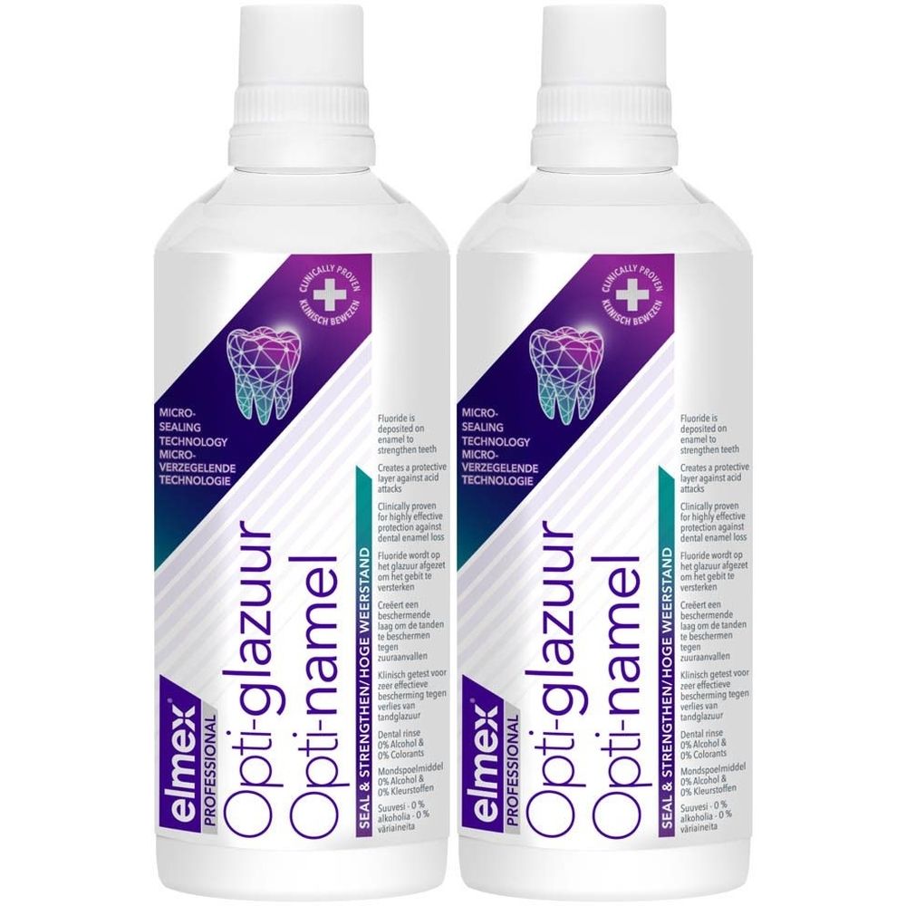 Twee flessen elmex Opti-glazuur Opti-namel. Wit, met paarse en groene accenten. Tekst: Micro-Sealende Technologie.