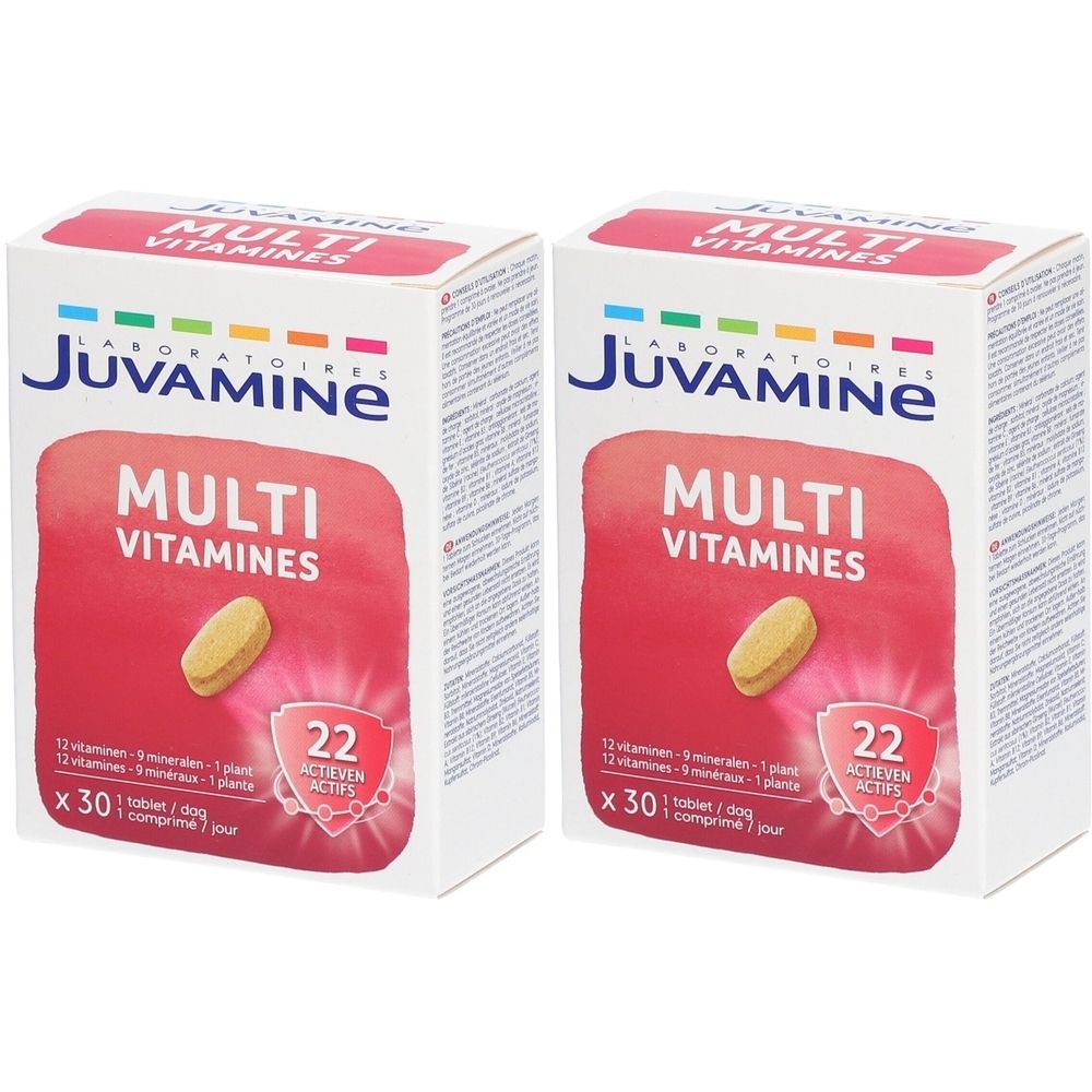 Deux boîtes de Juvamine Multi Vitamines. Inscription : Multi Vitamines. Contient 30 comprimés. 22 actifs.