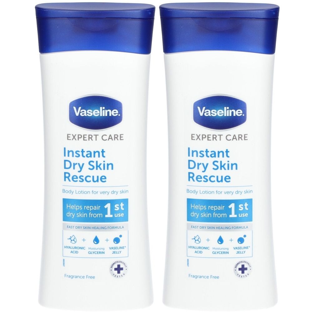 Deux flacons de lotion pour le corps Vaseline Expert Care Instant Dry Skin Rescue. Flacons blancs avec bouchon bleu et texte.