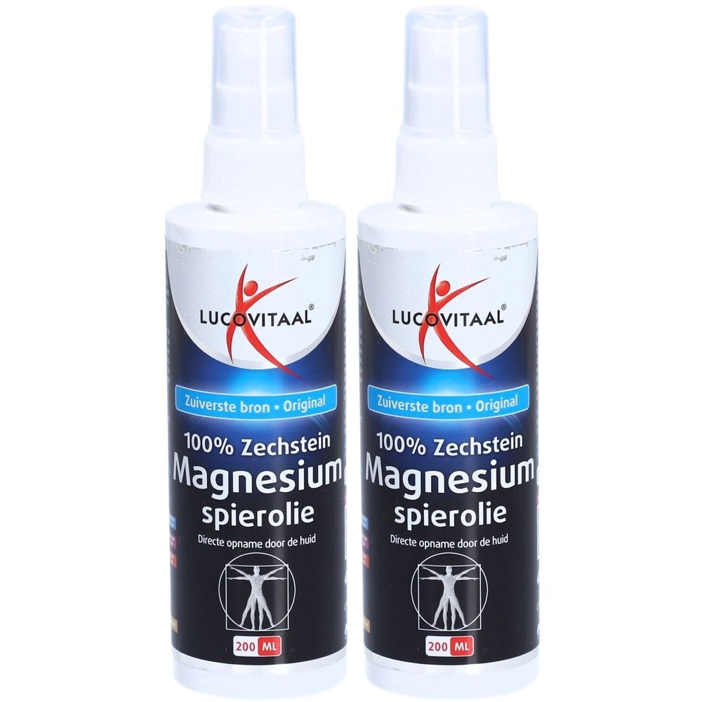 Twee witte spuitflessen met LUCOVITAAL-logo. Opschrift: 100% Zechstein Magnesium spierolie. 200 ml.