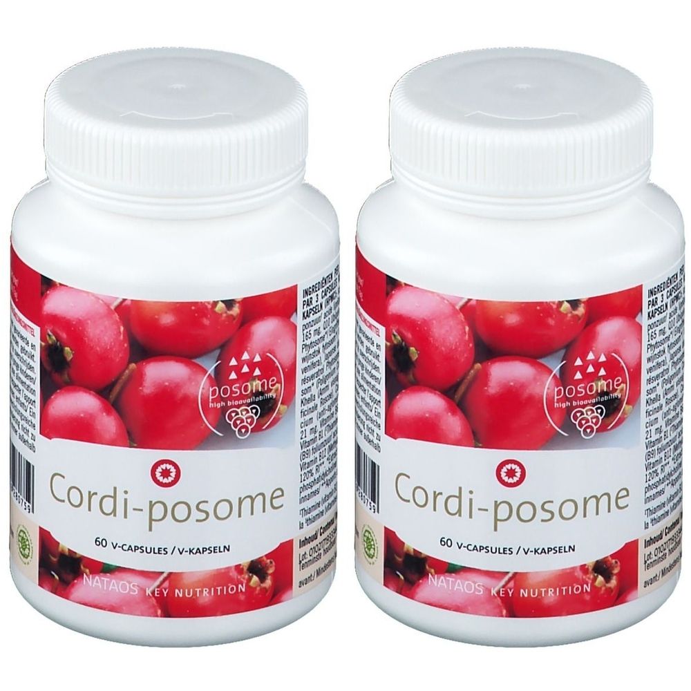 Twee witte flessen met rood etiket. Op het etiket staat "Cordi-posome" en "60 V-CAPSULES/V-KAPSELN".