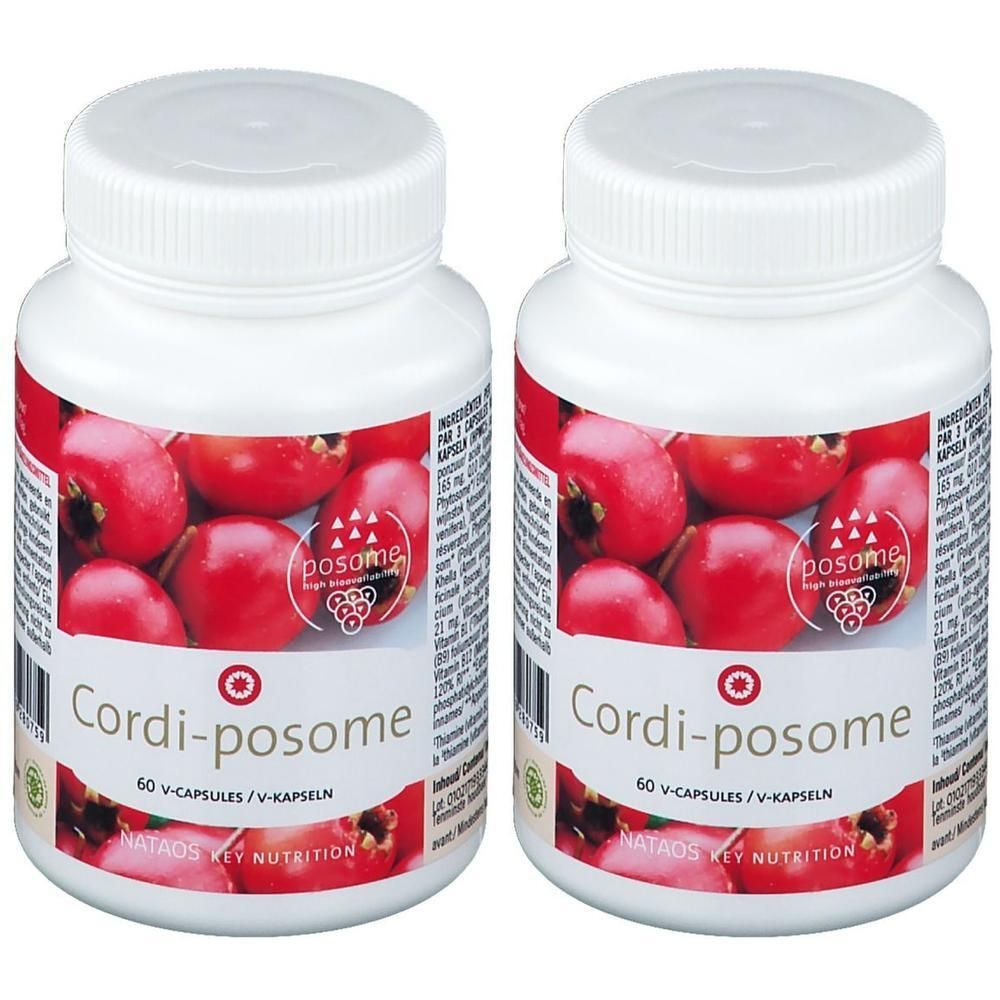 Deux flacons blancs avec étiquettes rouges. Inscription Cordi-posome, 60 V-capsules. NATAOS KEY NUTRITION.