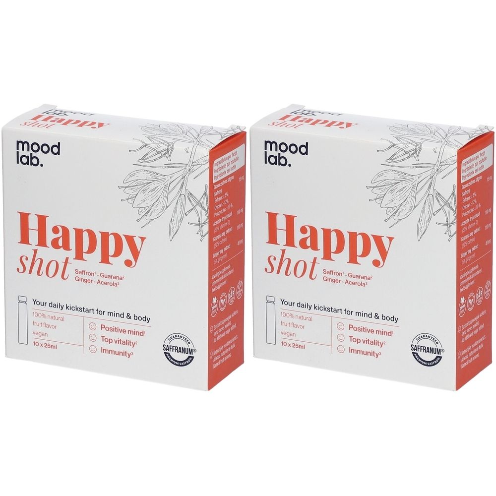 Deux boîtes de "Happy shot" de Moodlab. Inscription : "Your daily kickstart for mind & body". Avec safran, gingembre, açaï. Avec le sceau Safralium.