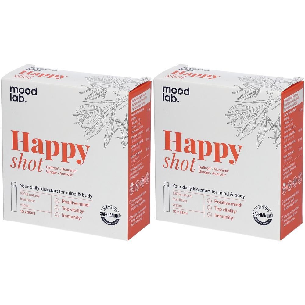 Deux boîtes de Moodlab Happy Shot. Inscription: Happy Shot, Safran, Gingembre, Acai. Avec logos et textes.