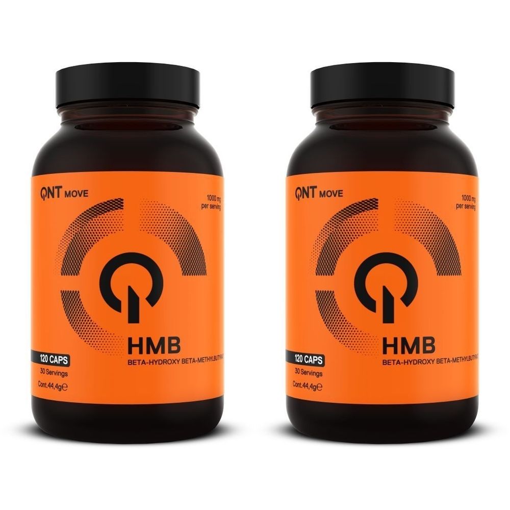 Deux flacons de supplément QNT HMB. Bouteilles marron avec couvercles noirs et étiquettes orange. Inscription : HMB.