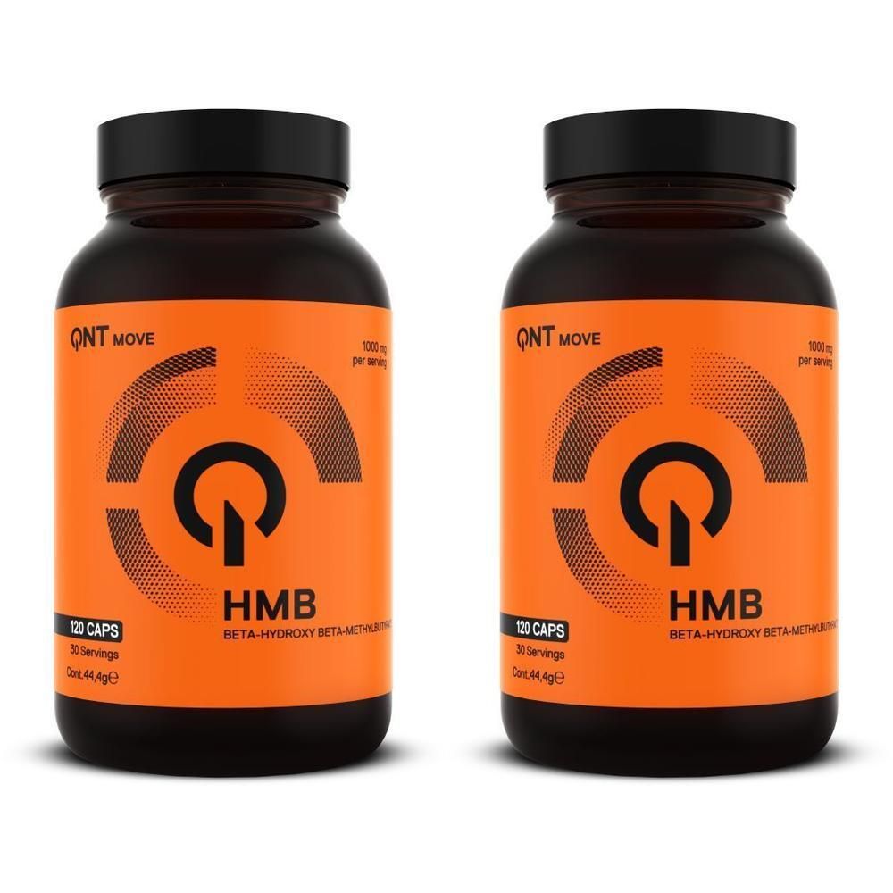 Twee flessen QNT HMB capsules. Oranje etiketten met zwarte tekst. Zwarte dop. 120 capsules per fles.