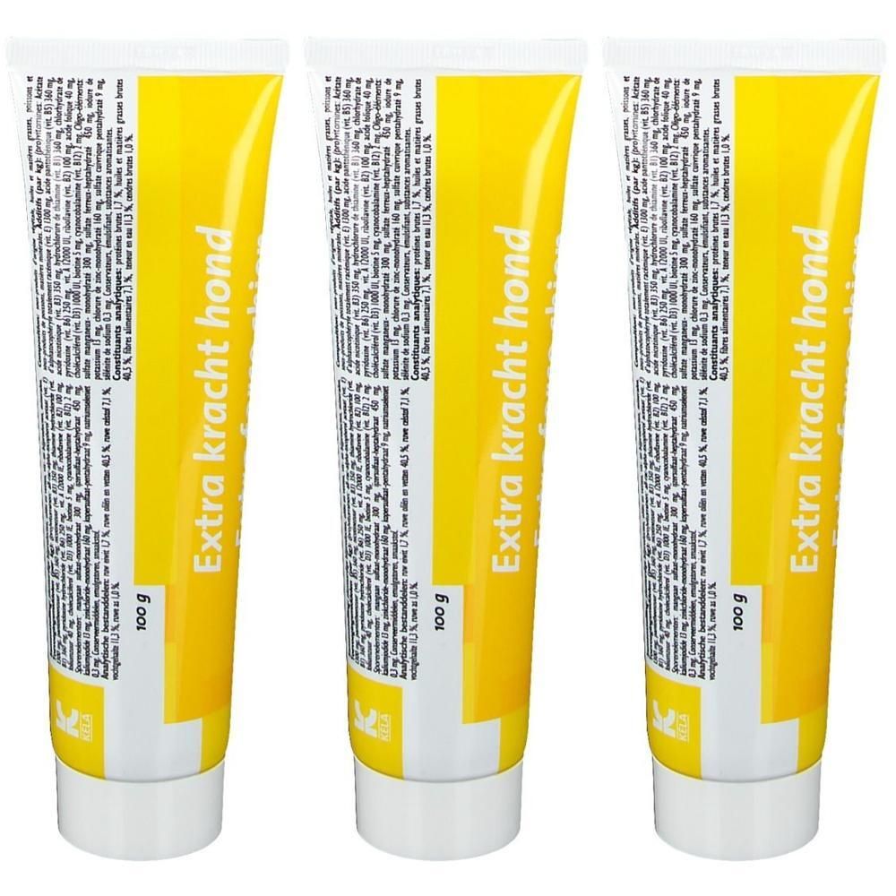 Drie gele tubes met witte dop. Opschrift: Extra kracht hond, 100 g.