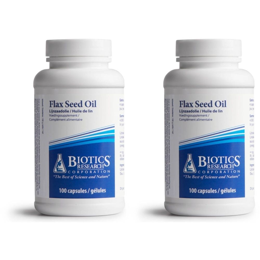 Deux flacons blancs avec étiquette « Flax Seed Oil ». Marque : Biotics Research. 100 capsules.