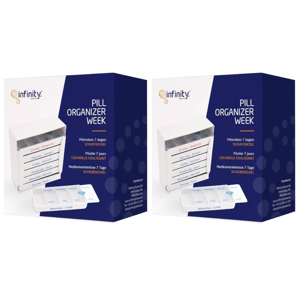 Deux boîtes d'organisateur de pilules. Inscription : Pill Organizer Week. Contient sept compartiments journaliers. Marque : infinity.