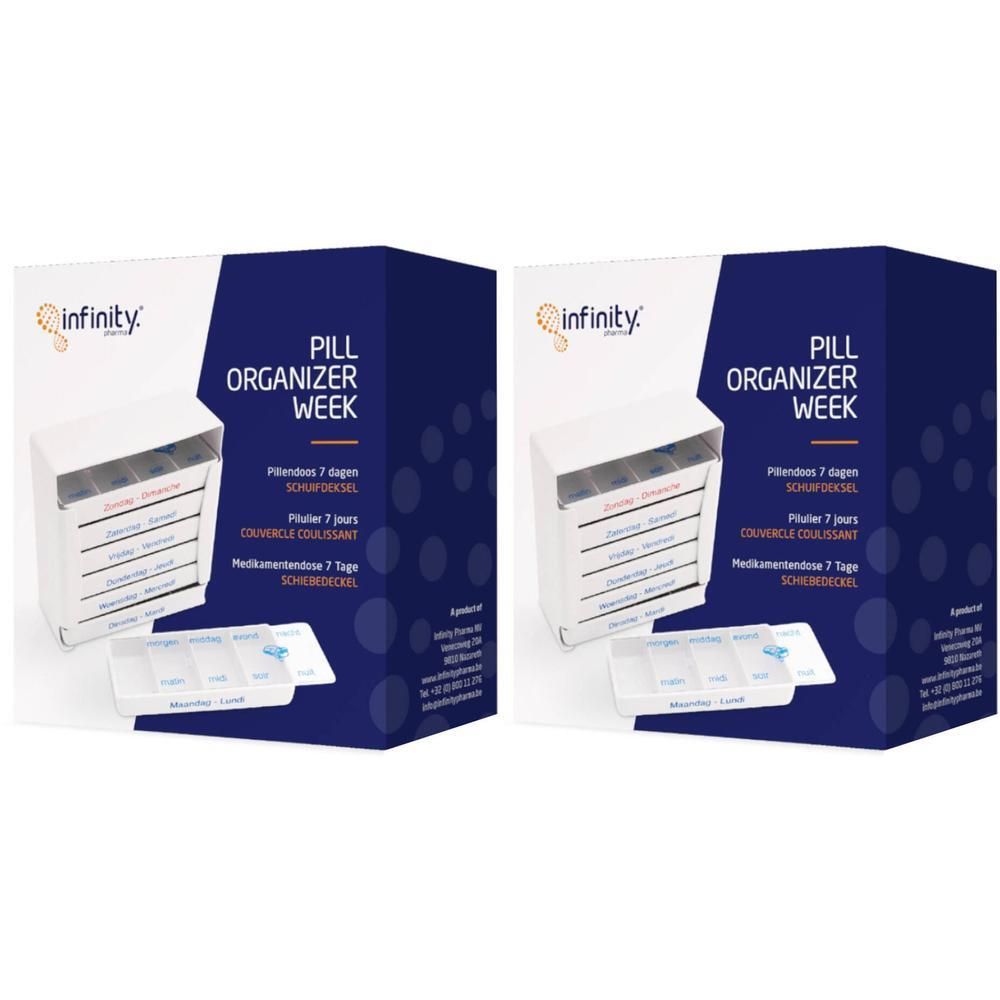 Verpakking met pillenorganizer. Witte organizer met 7 compartimenten, gelabeld met weekdagen. Blauwe verpakking met productnaam en logo.