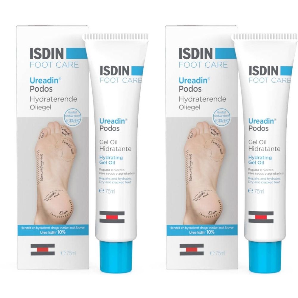 Twee tubes ISDIN Foot Care Ureadin Podos Gel Oil. Witte tubes met blauwe tekst en blauwe dop. Afbeelding van een voet.