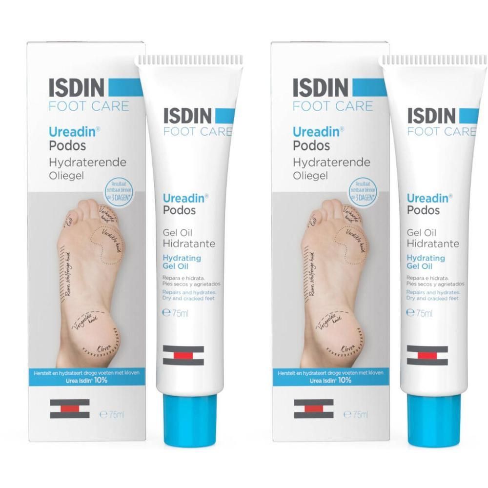 Deux tubes ISDIN Foot Care Ureadin Podos. Tubes blancs avec bouchons bleus et emballage. Impression d'un pied.