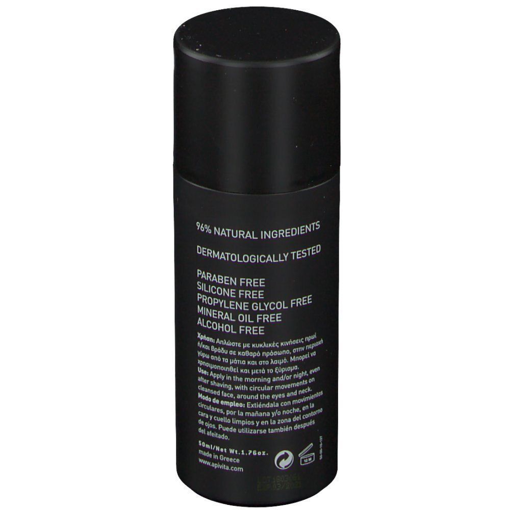 Arrière d'un pot noir de crème anti-rides et anti-fatigue pour hommes APIVITA. Testé dermatologiquement.