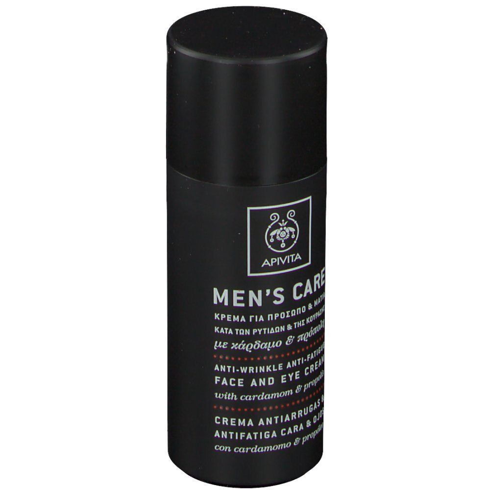 Pot noir de crème anti-rides et anti-fatigue pour hommes APIVITA avec cardamome et propolis.