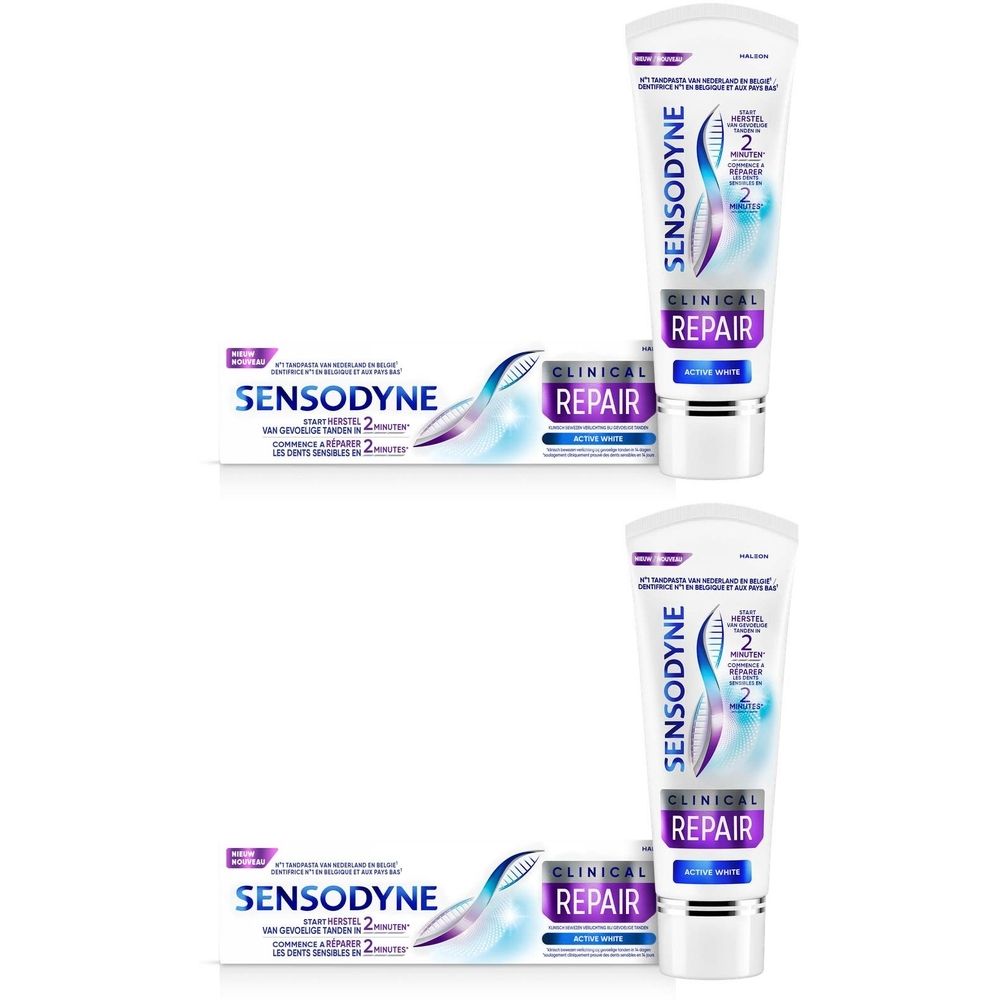 Twee tubes Sensodyne Clinical Repair Active White tandpasta en een doos. Verpakking met productnaam en logo.