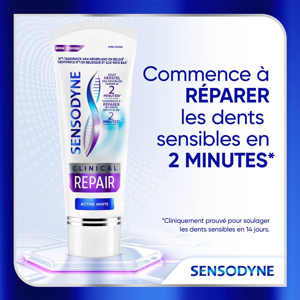 Tube de dentifrice Sensodyne Clinical Repair Active White. Texte : Répare les dents sensibles en 2 minutes.